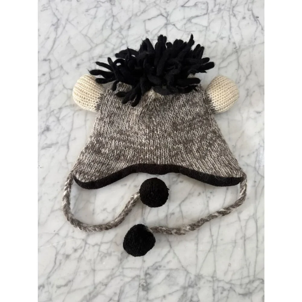 The Collection Royal Sock Monkey Knit Earflap Hat Beanie Pom-Poms Grey & Red